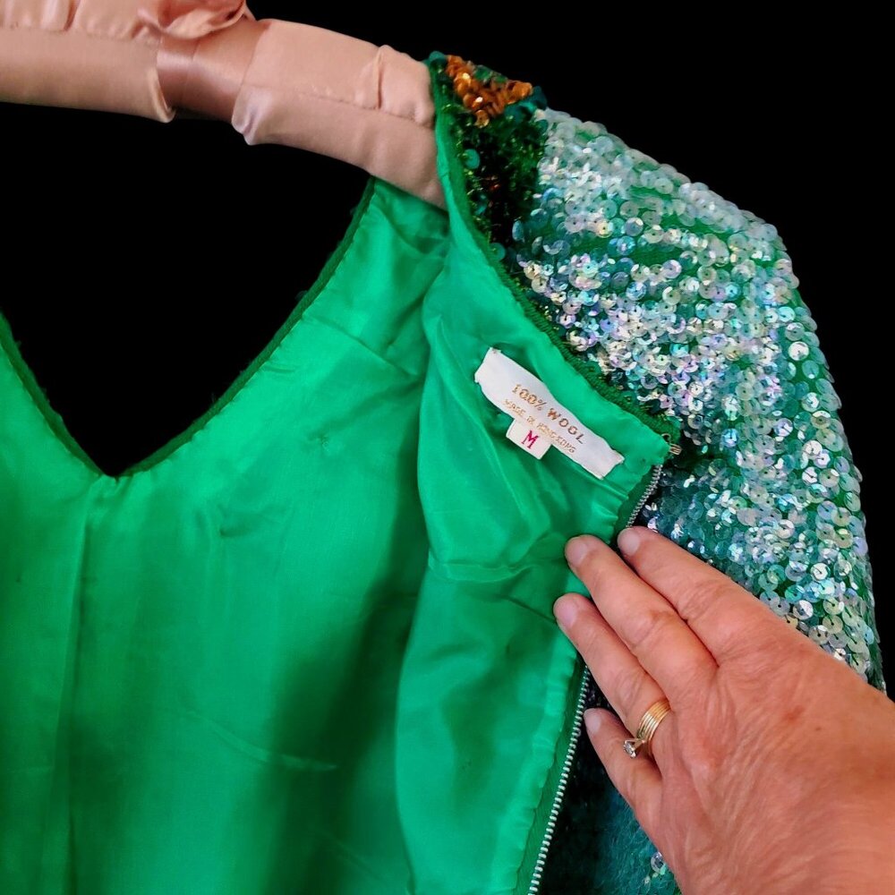 Vintage Sequin Beaded Green Skirt Set Size L 60s NWOT Cocktail Evening Wear - Picture 12 of 13